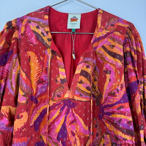 Farm Rio banana juice, pink and red, tropical, long sleeve tiered, mini dress L - Picture 11 of 12